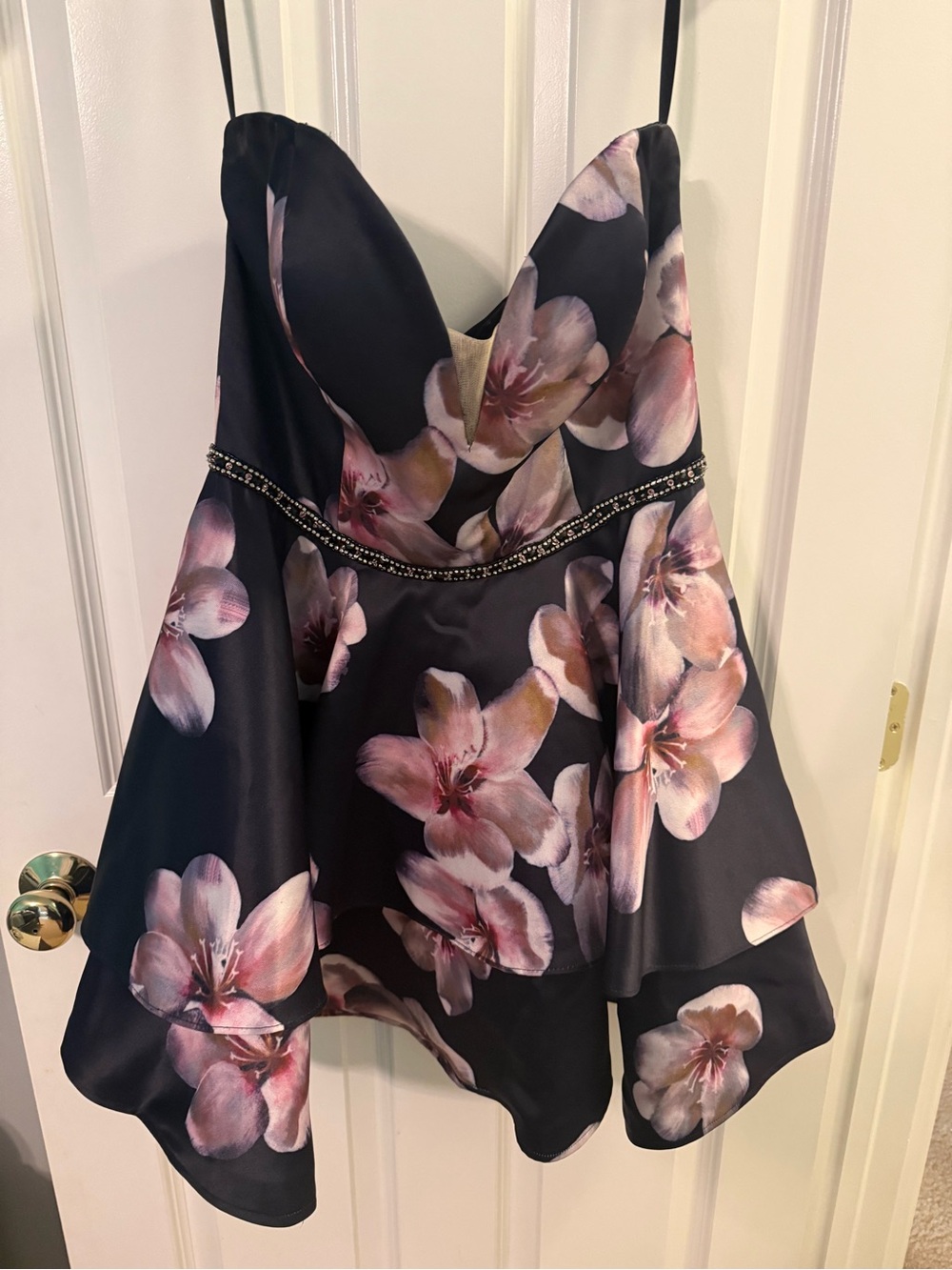 Navy Floral Spaghetti-Strap Peplum Top